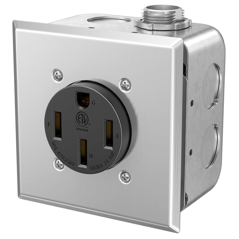 HYDUUU NEMA 14-50 240V Range Outlet Box Installation Kit ETL 4-Prong 50A RV Receptacle UL 4" 2-Gang Metal Electrical Box Plaster Ring Surface Flush Mount Exposed Work Cover Faceplate Clamp Connector - Image 1